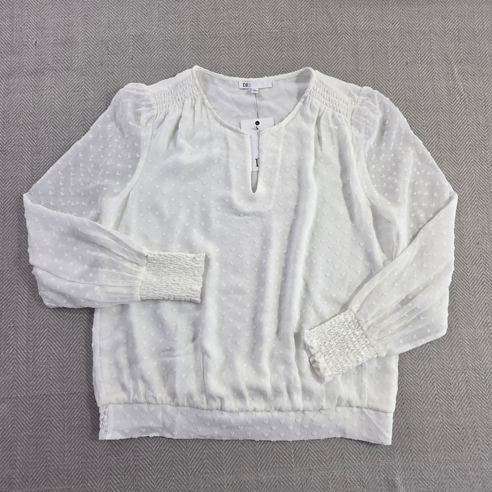 NWT DR2 by Daniel Rainn White Clip Dot Smocked Blouse Split Neck Top M Medium
